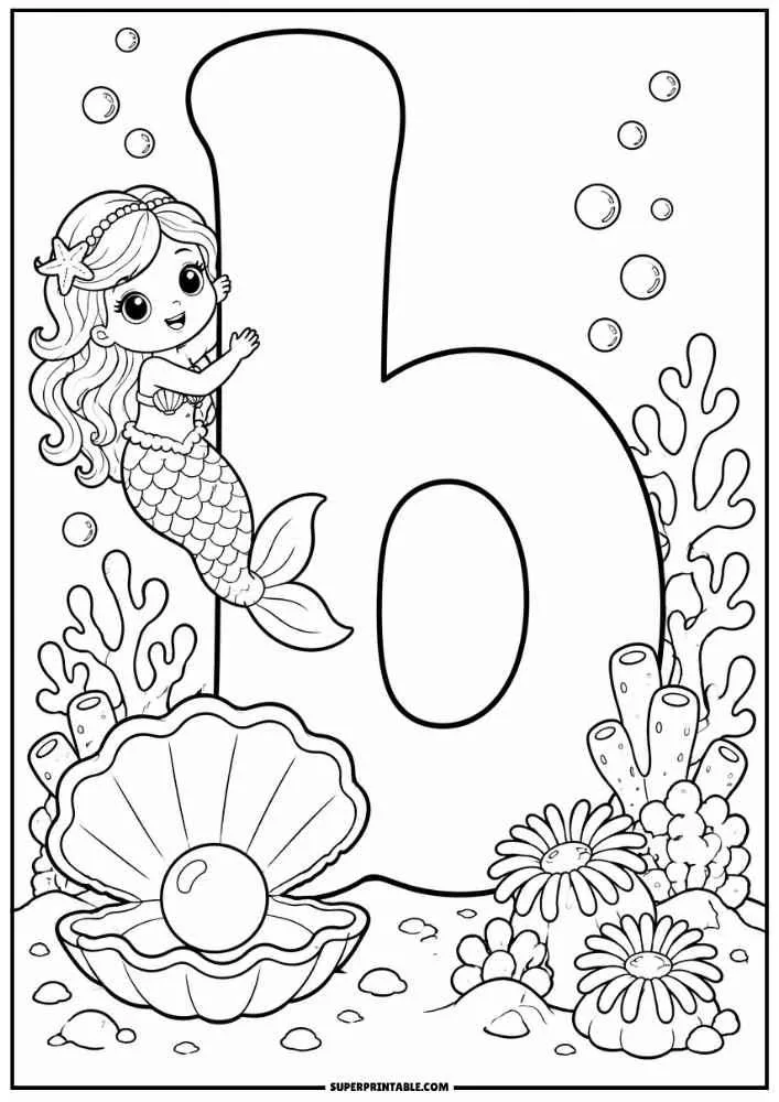 Lowercase letter B with a mermaid, pearl shell, coral, flowers, and bubbles.