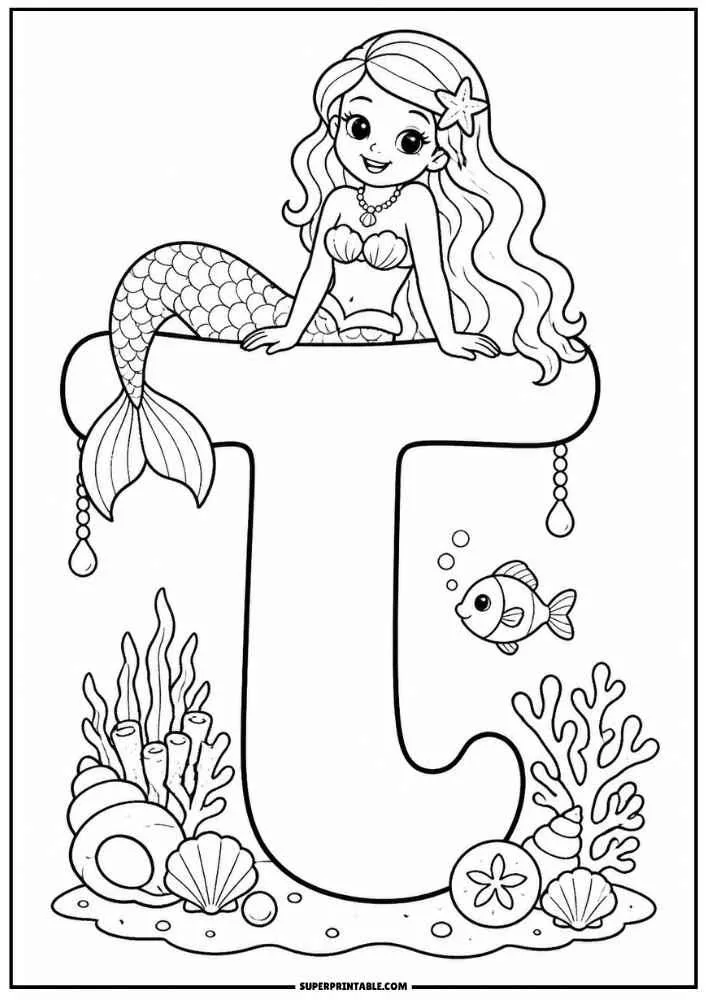 Letter T with a mermaid, fish, coral, shells, and sea plants.