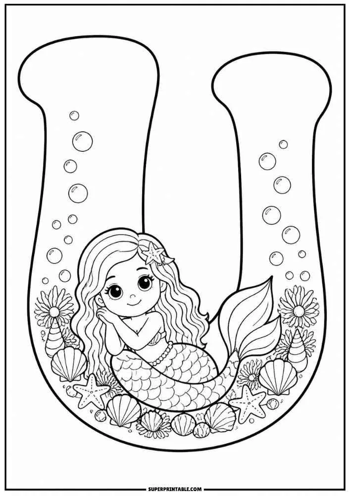 Letter U with a mermaid, seashells, starfish, sea flowers, and bubbles.