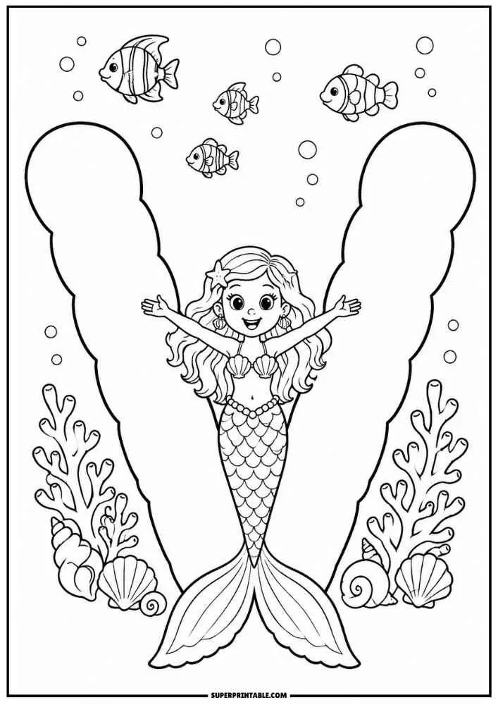 Letter V with a mermaid, fish, coral, seashells, and bubbles.