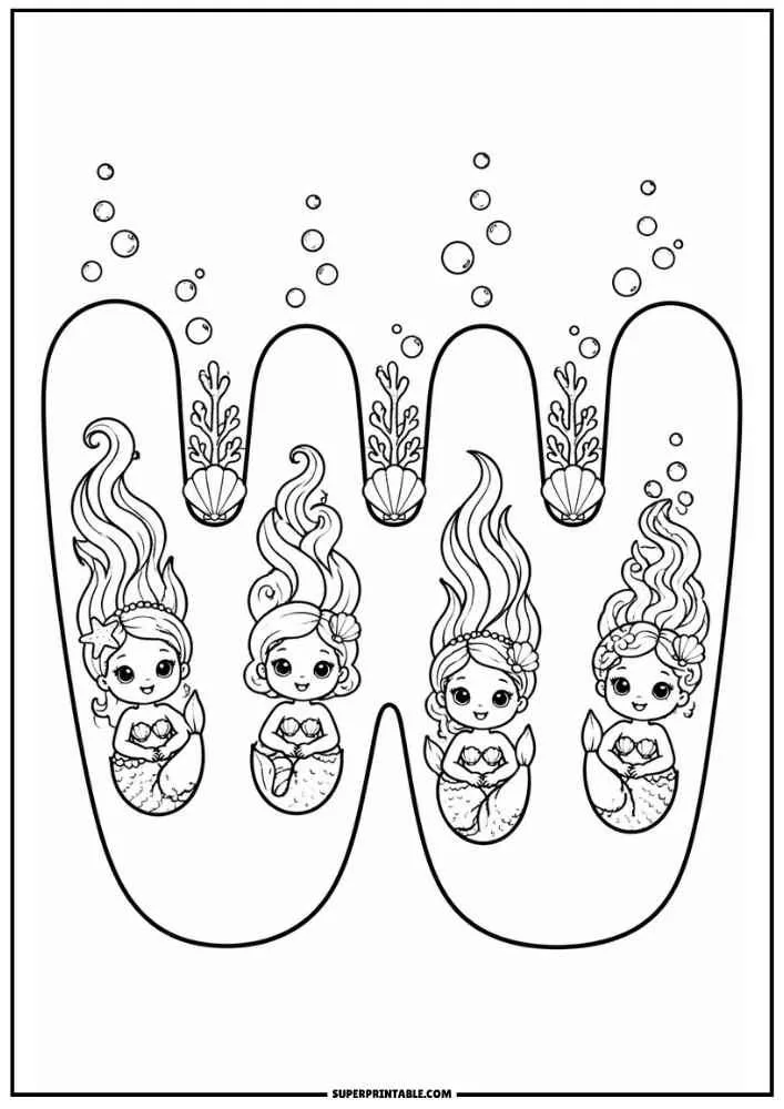 Letter W with four baby mermaids, coral, seashells, and bubbles.
