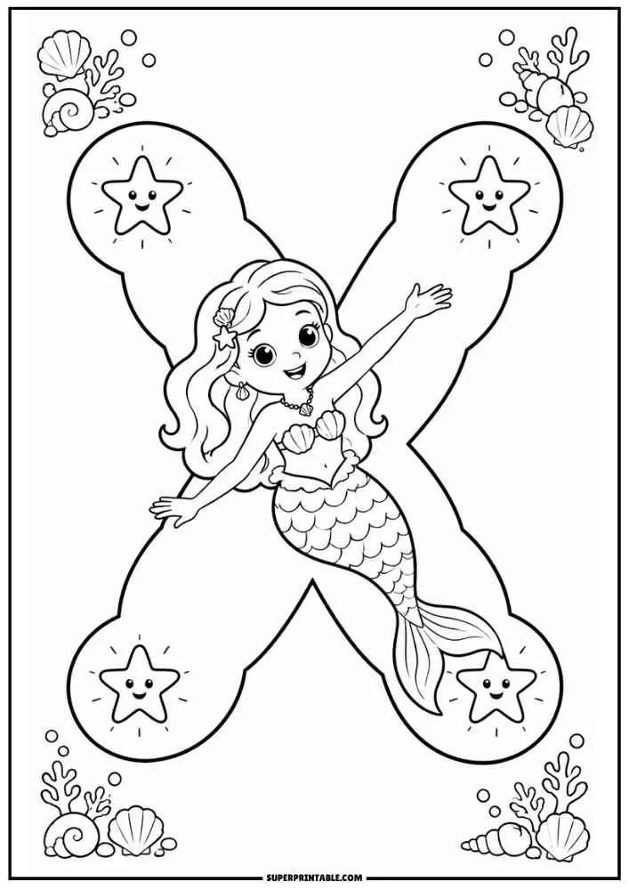 Letter X with a mermaid, smiling starfish, seashells, coral, and bubbles.