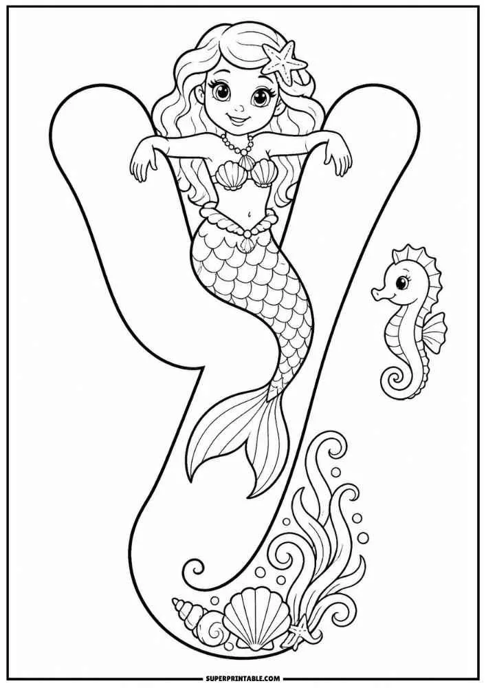 Letter Y with a mermaid, seahorse, seashells, and sea plants.