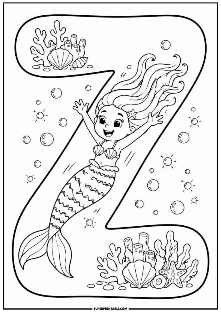 Letter Z with a mermaid, coral, seashells, starfish, and bubbles.