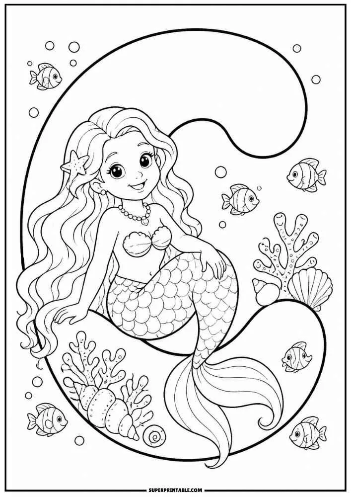 Lowercase letter C with a mermaid, fish, coral, shells, and bubbles.