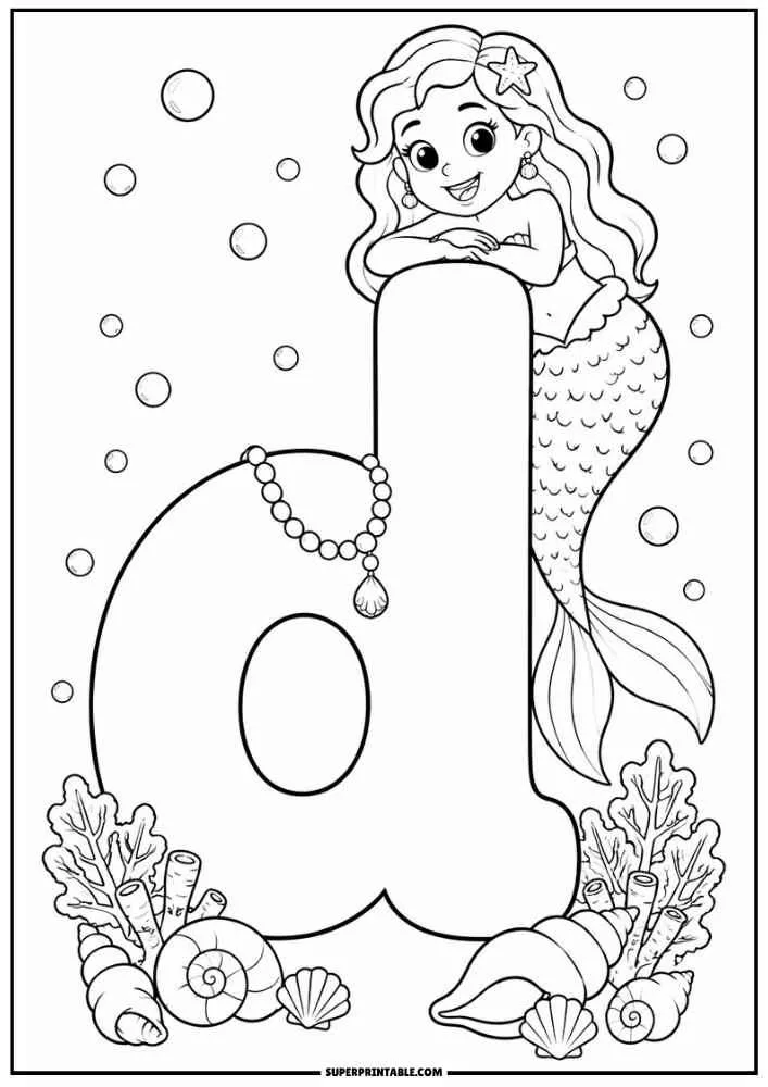 Lowercase letter D with a mermaid, coral, shells, pearls, and bubbles.
