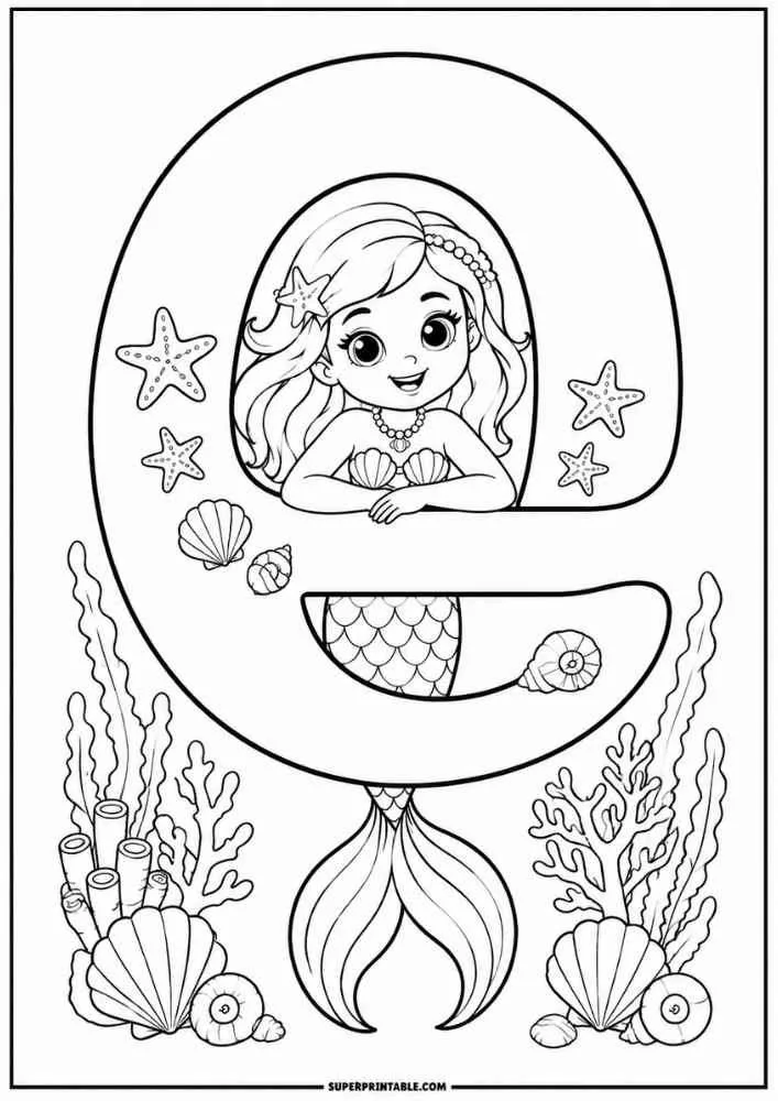 Lowercase letter E with a mermaid, starfish, shells, coral, and sea plants.