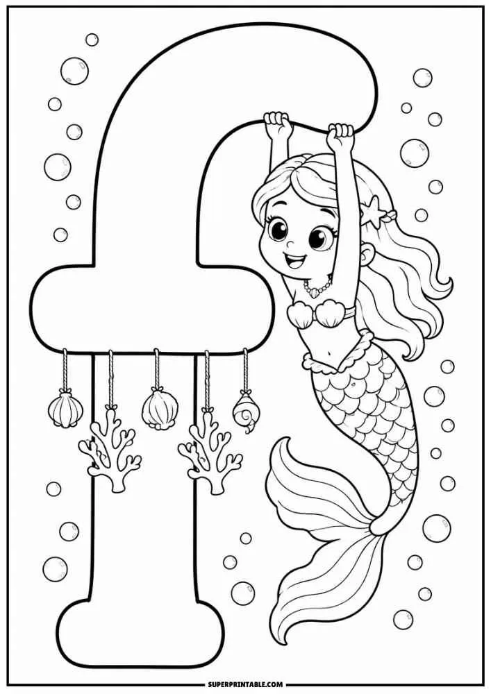 Lowercase letter F with a hanging mermaid, shells, coral, and bubbles.