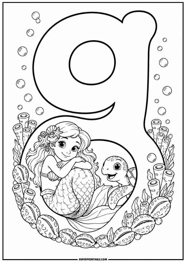 Lowercase letter G with a mermaid, sea turtle, coral, shells, and bubbles.