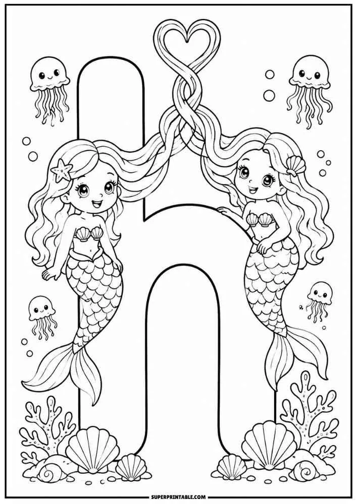 Lowercase letter H with two mermaids, jellyfish, coral, shells, and bubbles.