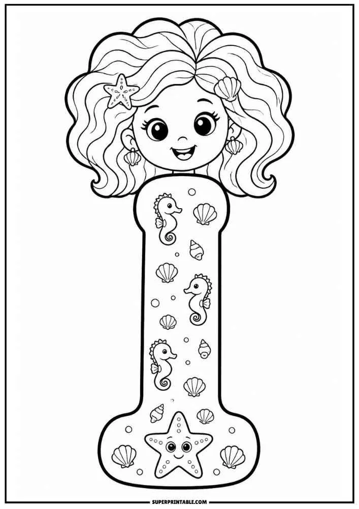 Lowercase letter I with a mermaid, seahorses, shells, and a smiling starfish.
