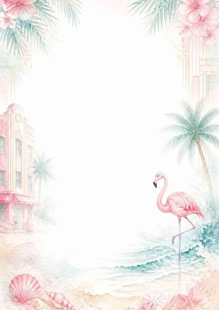 A pastel beach border with a flamingo, palm trees, seashells, waves, and coastal buildings.