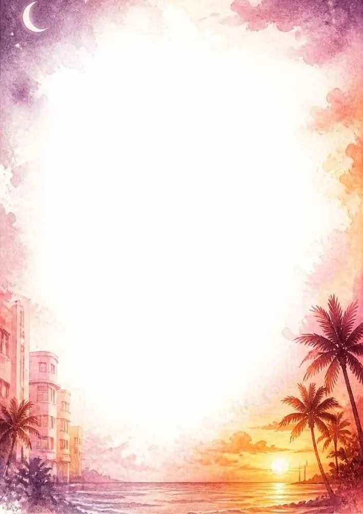A sunset beach border with palm trees, ocean, moon, and pastel buildings.