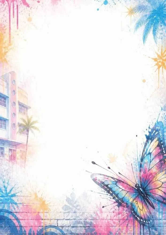 A colorful butterfly with paint splashes, palm trees, and city buildings.