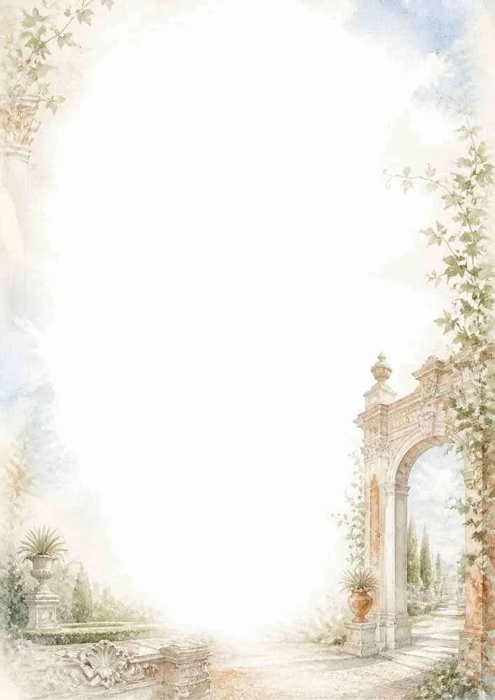 A garden border with a stone arch, vines, plants, and flowers.