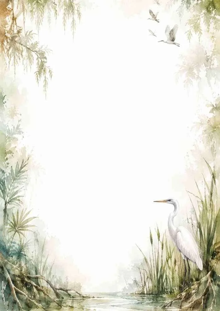 A heron by a wetland with reeds, birds, and calm water.