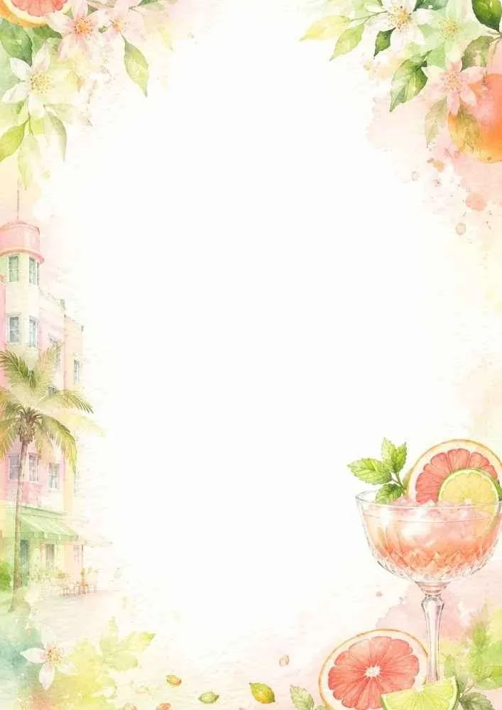 A tropical border with citrus fruit, flowers, a cocktail, and pastel buildings.