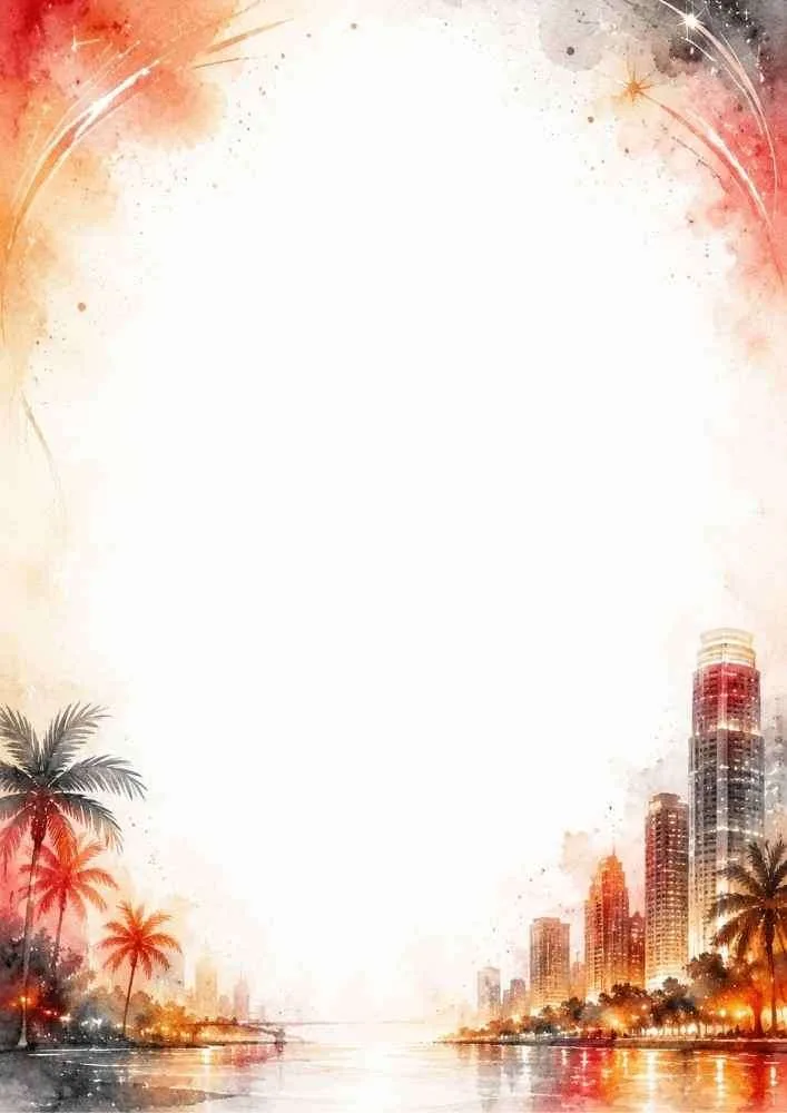 A city skyline at sunset with palm trees and water around a blank center.
