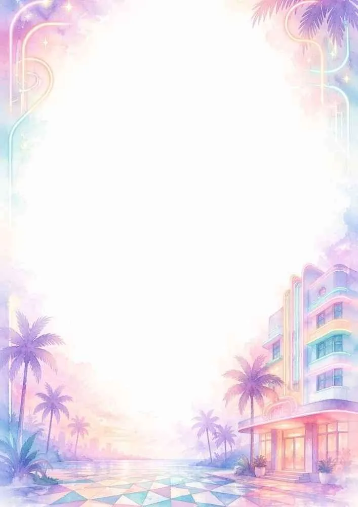 A neon Miami border with art deco buildings, palm trees, and a tiled waterfront.