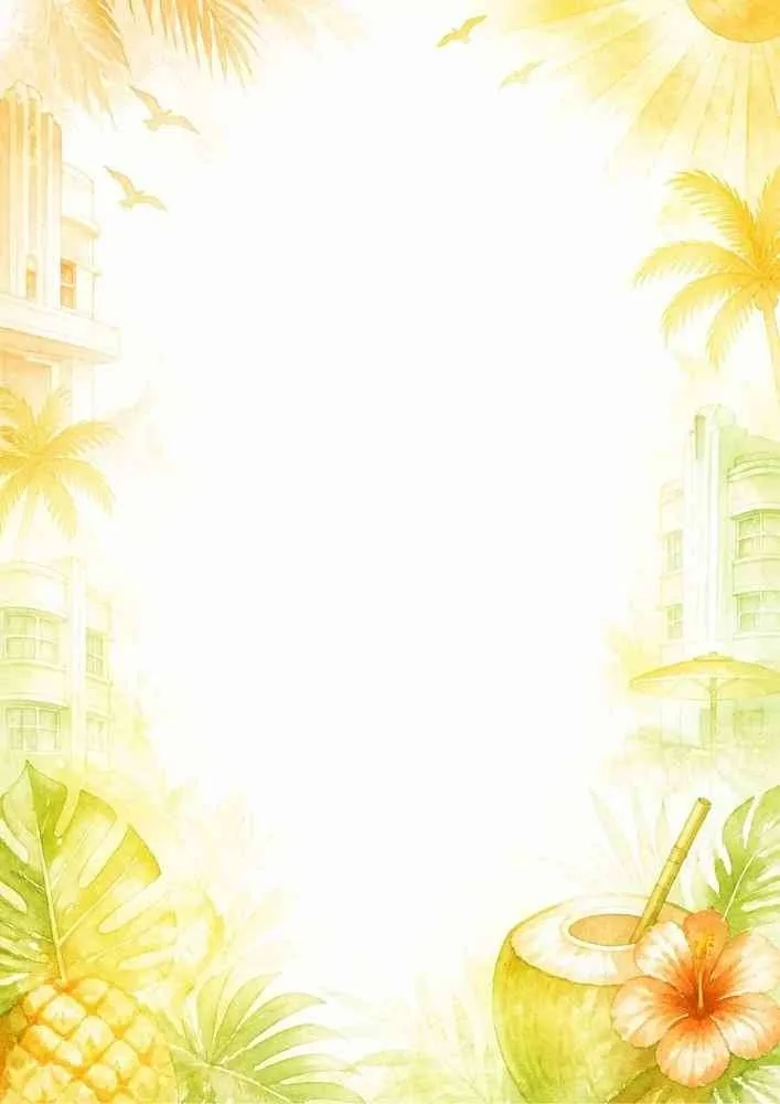 A tropical border with palm trees, fruit, a coconut drink, birds, and sunny beach buildings.