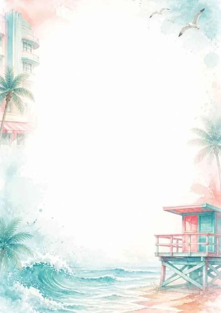 A beach border with a lifeguard tower, ocean waves, palm trees, and seaside buildings.