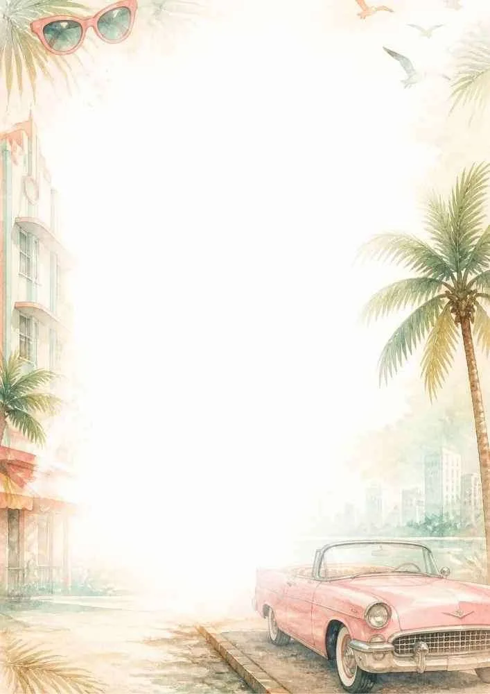 A vintage pink car with palm trees and pastel buildings around a blank center.