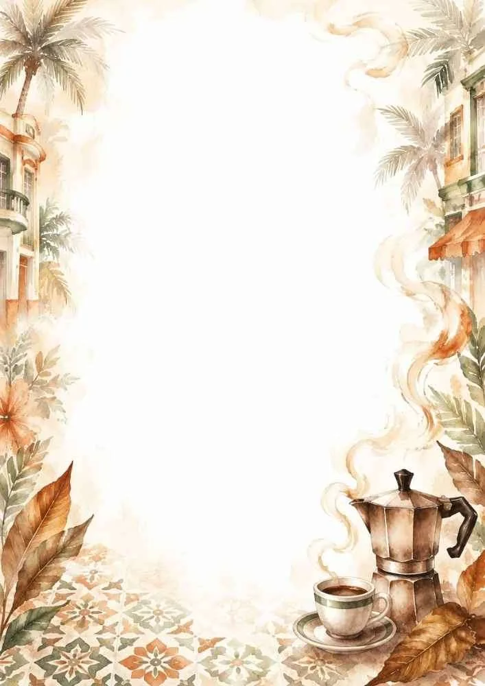 A coffee themed border with autumn leaves, a moka pot, cup, and city buildings.