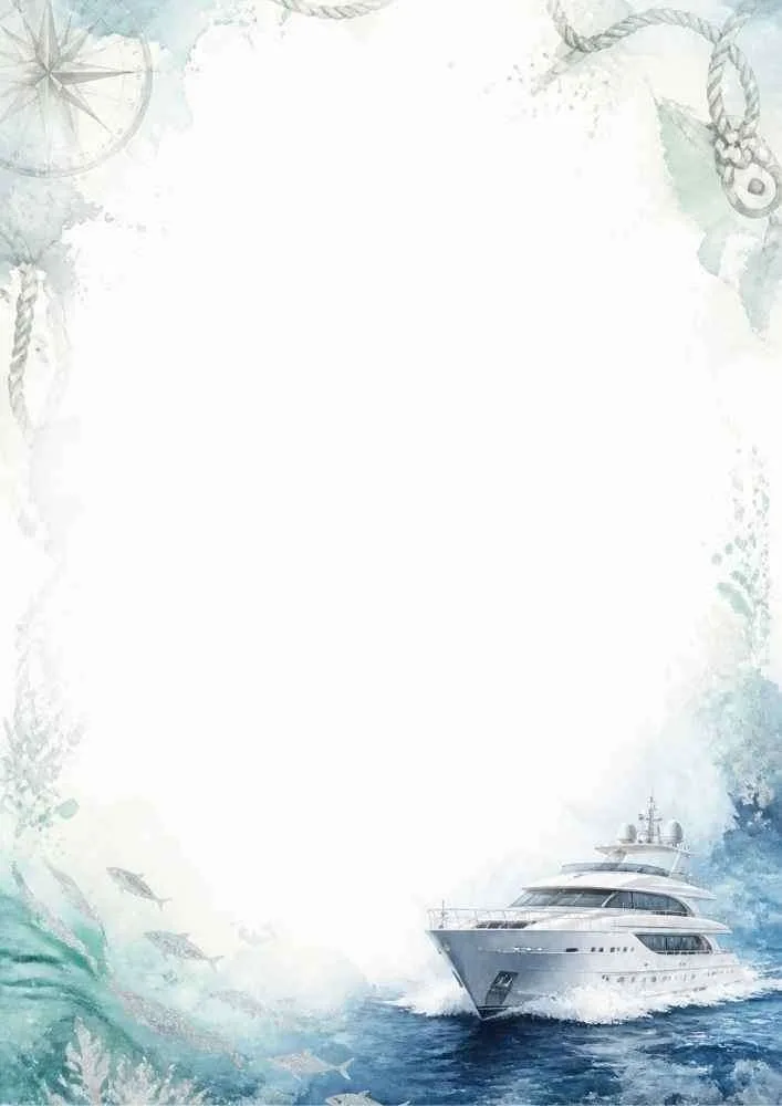 A yacht on the ocean with waves, rope, fish, and nautical decorations.