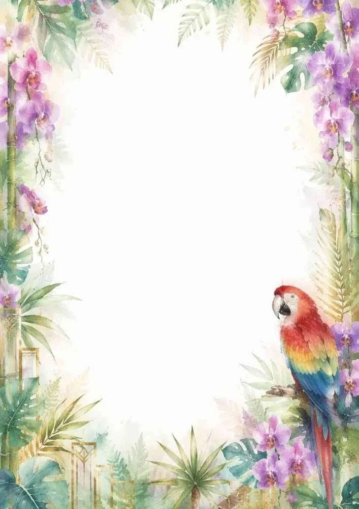 A tropical border with a colorful parrot, orchids, bamboo, and green plants.