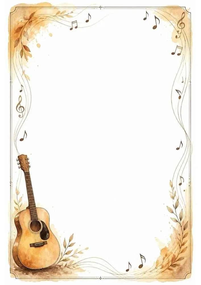 Music border with an acoustic guitar, music notes, leaves, and a large blank writing space.