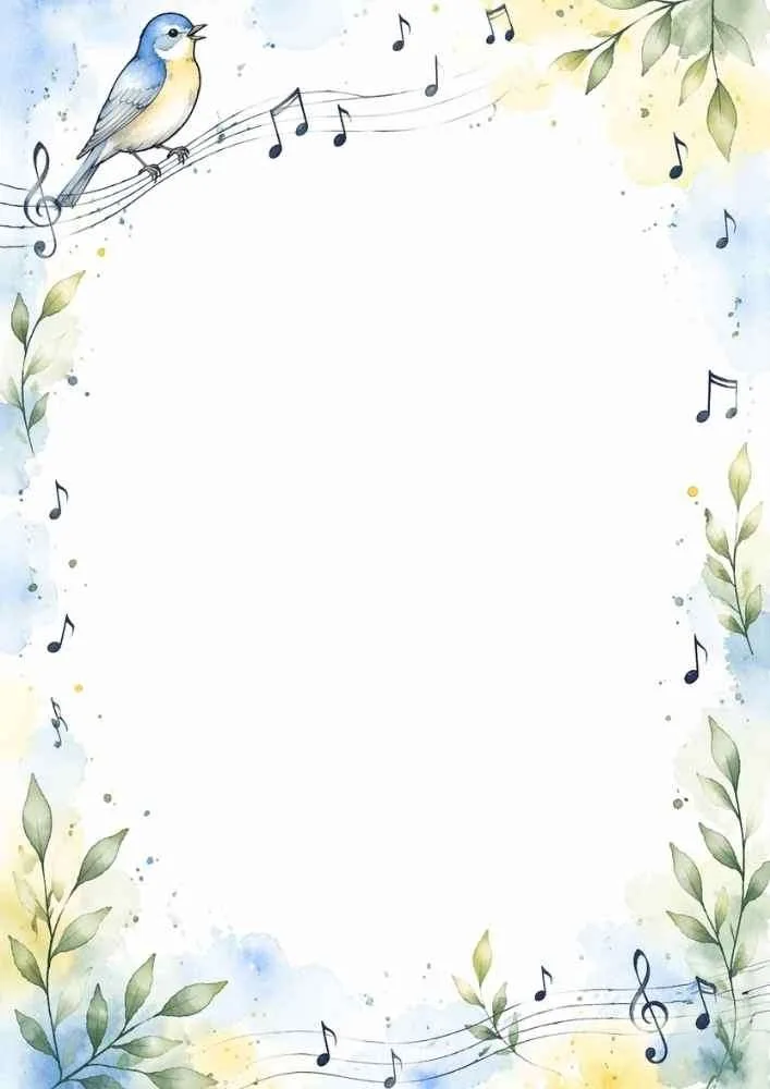 Blank border with a bluebird, leaves, and musical notes.