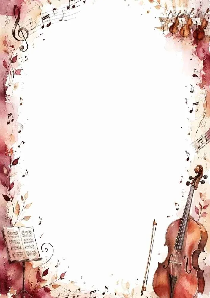 Music border with a violin, sheet music, orchestra instruments, and notes.