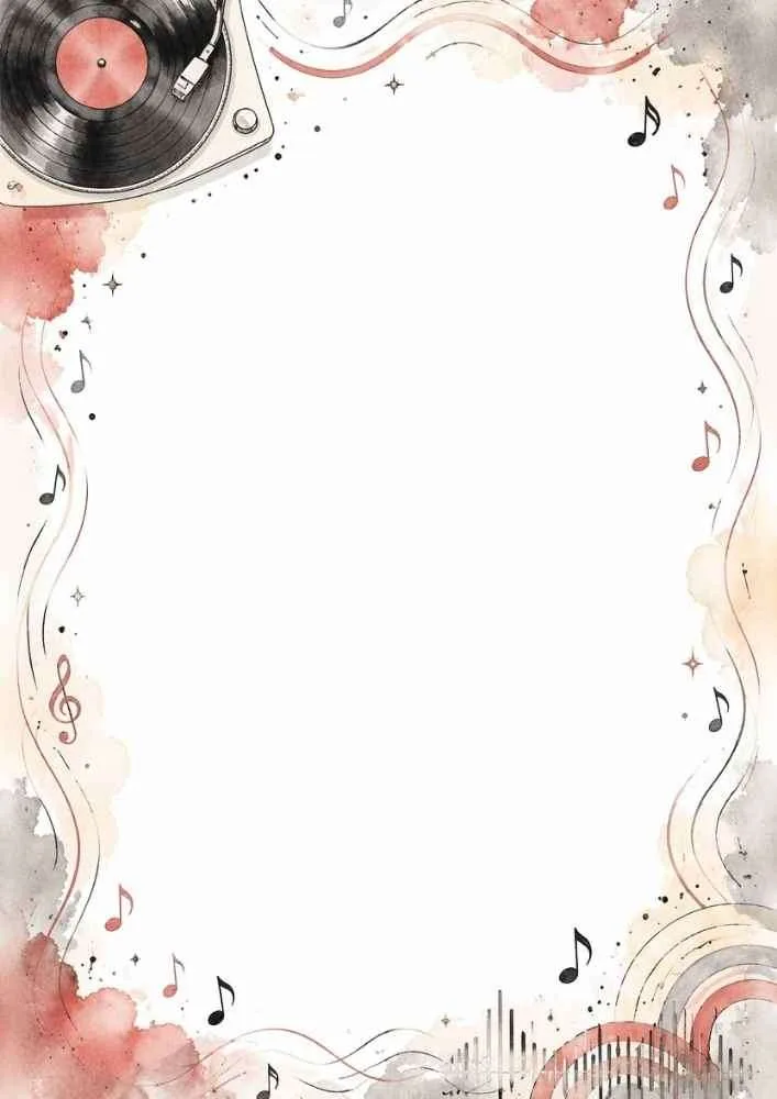 Blank border with a record player, music notes, and soft watercolor accents.