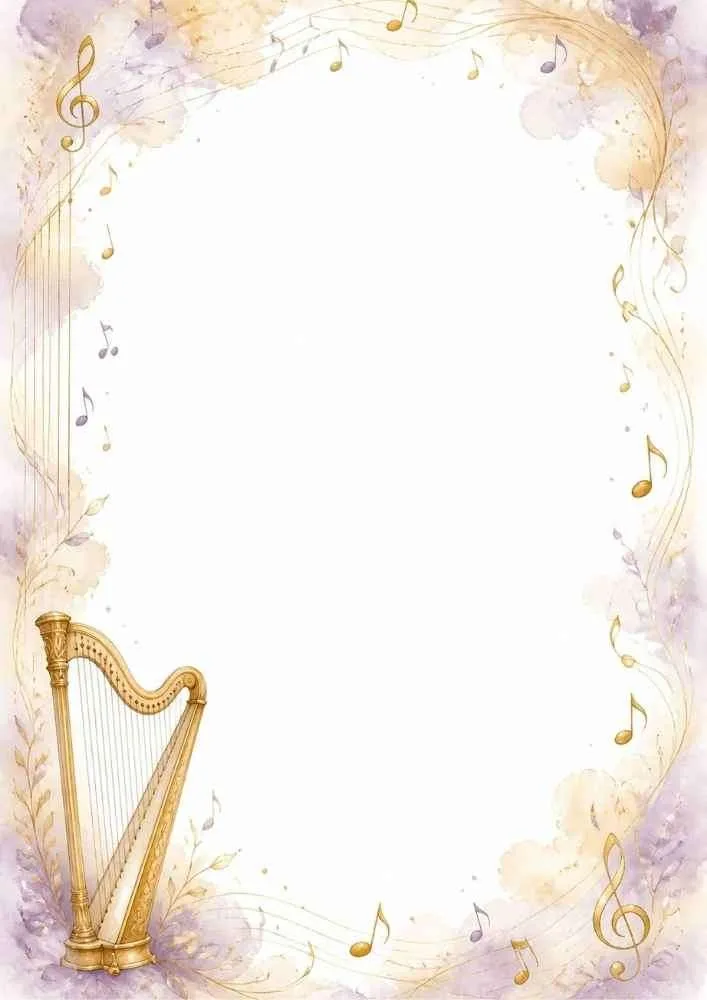 Blank music border with a golden harp and floating musical notes.