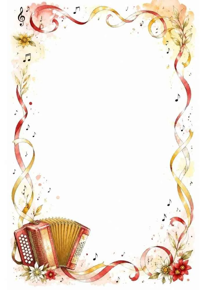 Music border with an accordion, ribbons, flowers, and musical notes.