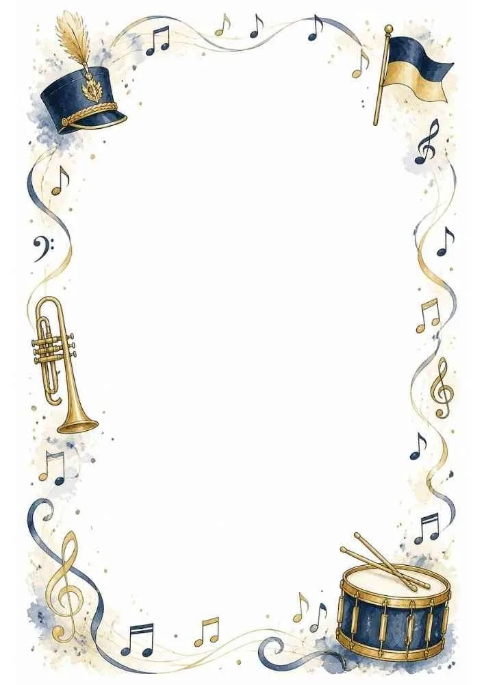 Blank marching band border with trumpet, drum, hat, flag, and notes.
