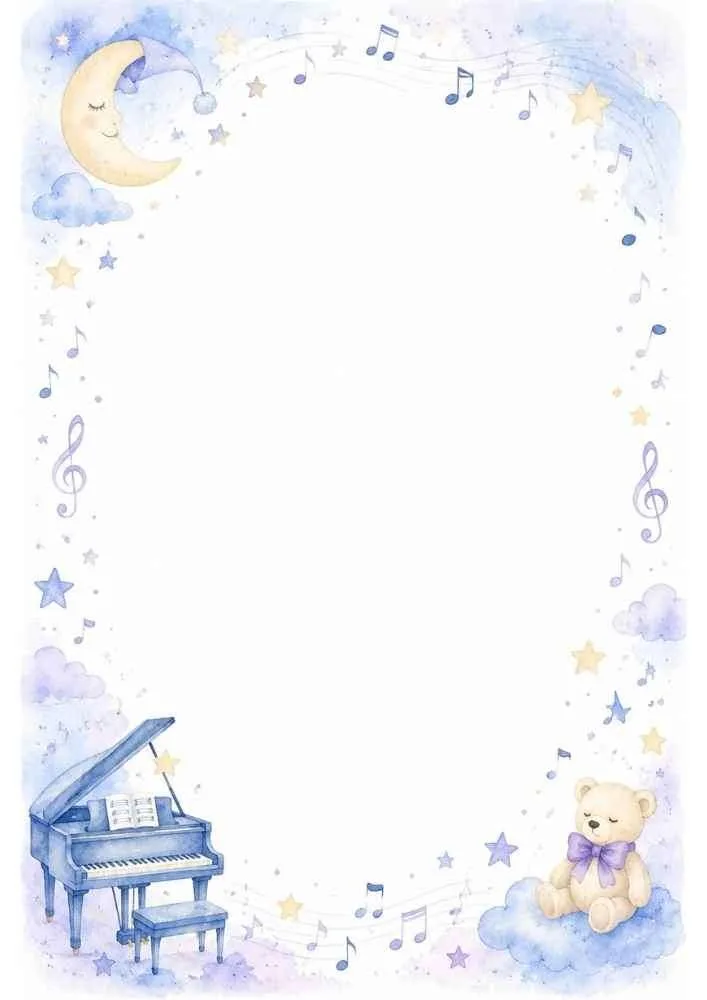 Moon and stars border with a piano, teddy bear, clouds, and musical notes.