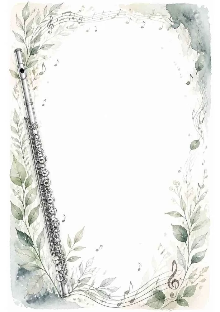 Blank border with a silver flute, leaves, and musical notes.