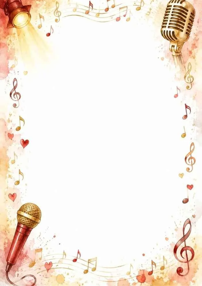 Music border with microphones, stage light, hearts, and musical notes.