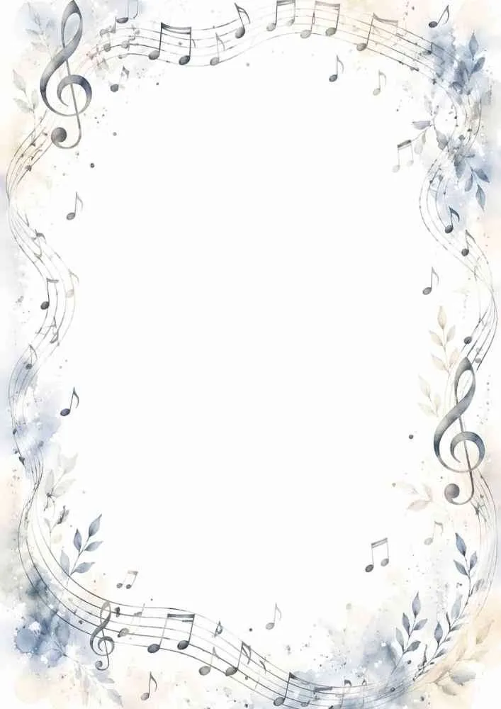 Blank border with treble clefs, music staff lines, and musical notes.