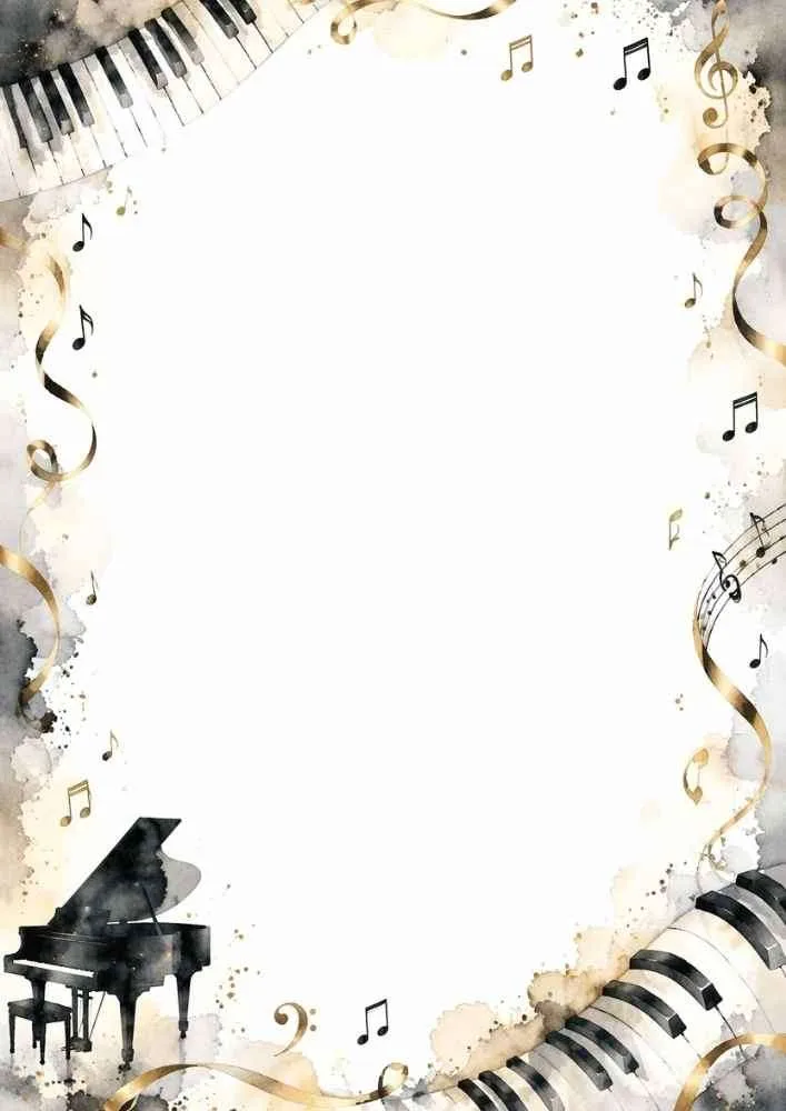 Blank music border with piano keys, grand piano, ribbons, and musical notes.