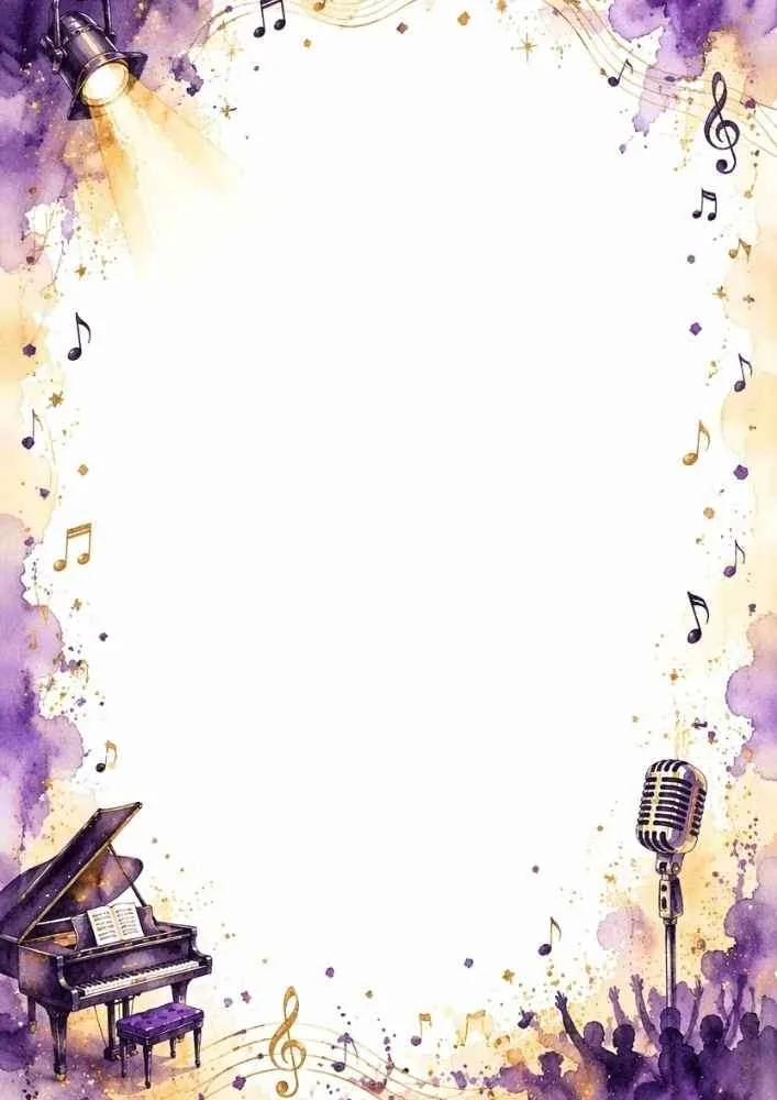 Concert border with piano, microphone, stage lights, crowd, and musical notes.