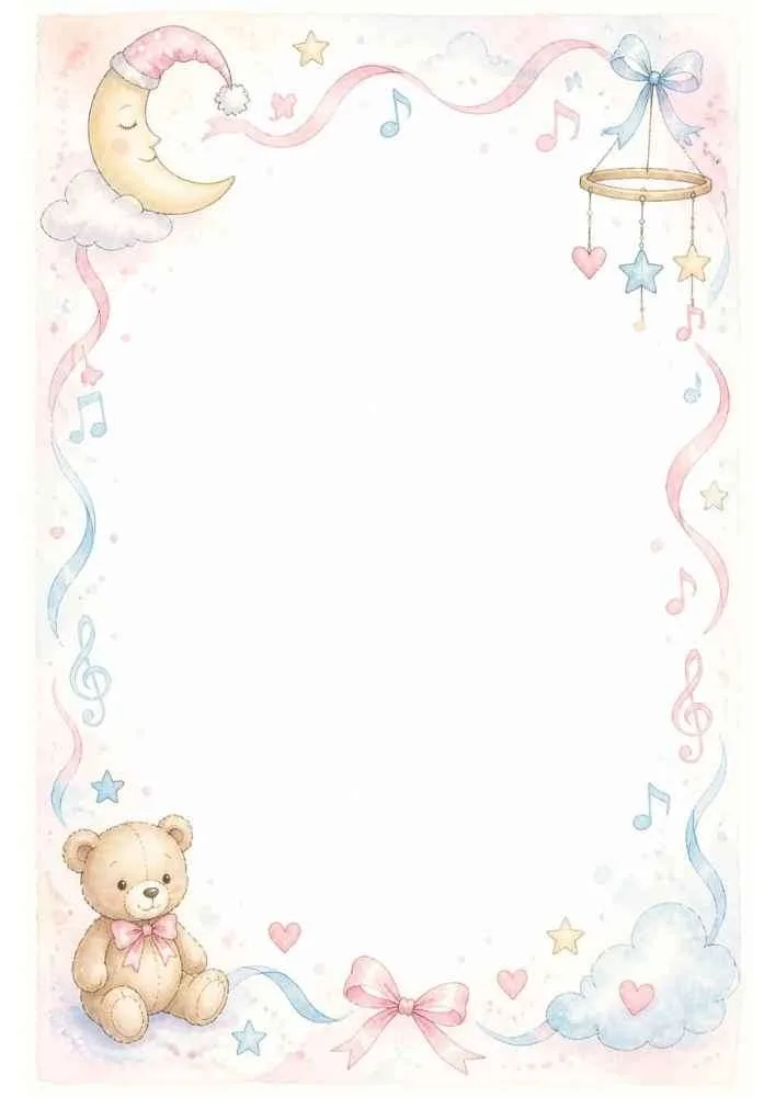 Pastel music border with a sleepy moon, teddy bear, baby mobile, clouds, ribbons, and musical notes.