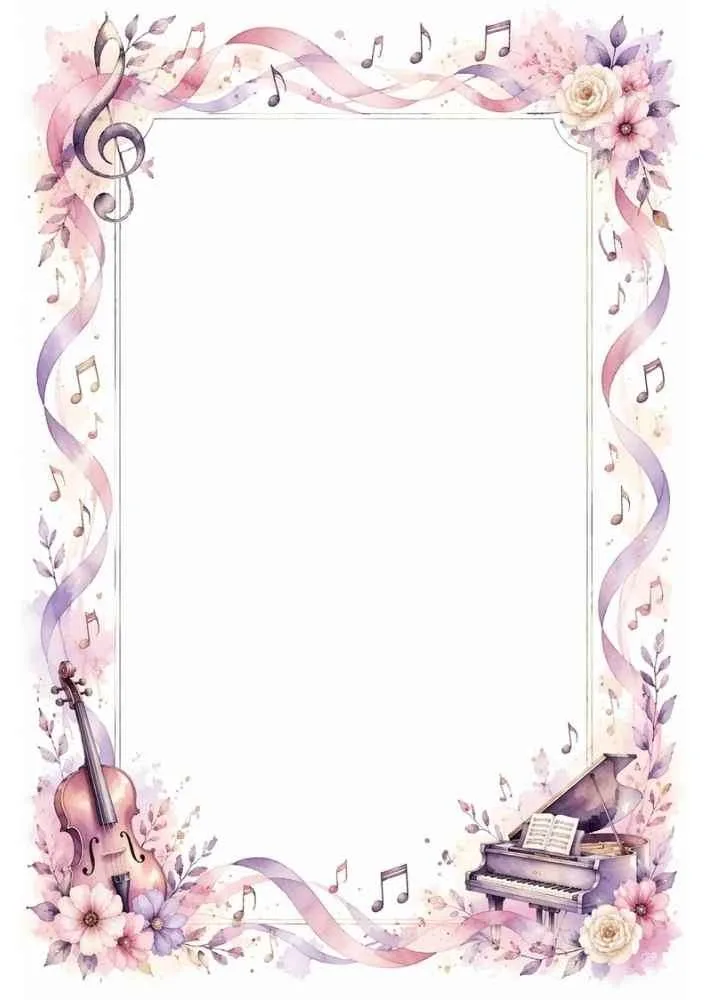 Floral music border with a violin, grand piano, ribbons, and musical notes.