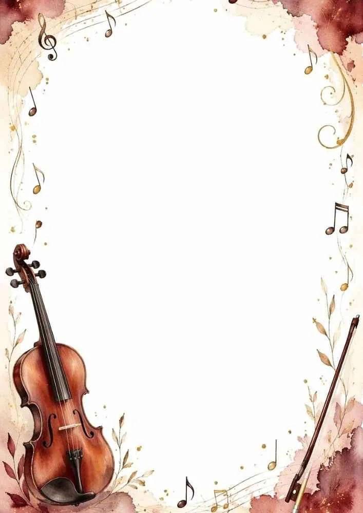 Blank border with a violin, bow, music notes, and watercolor accents.