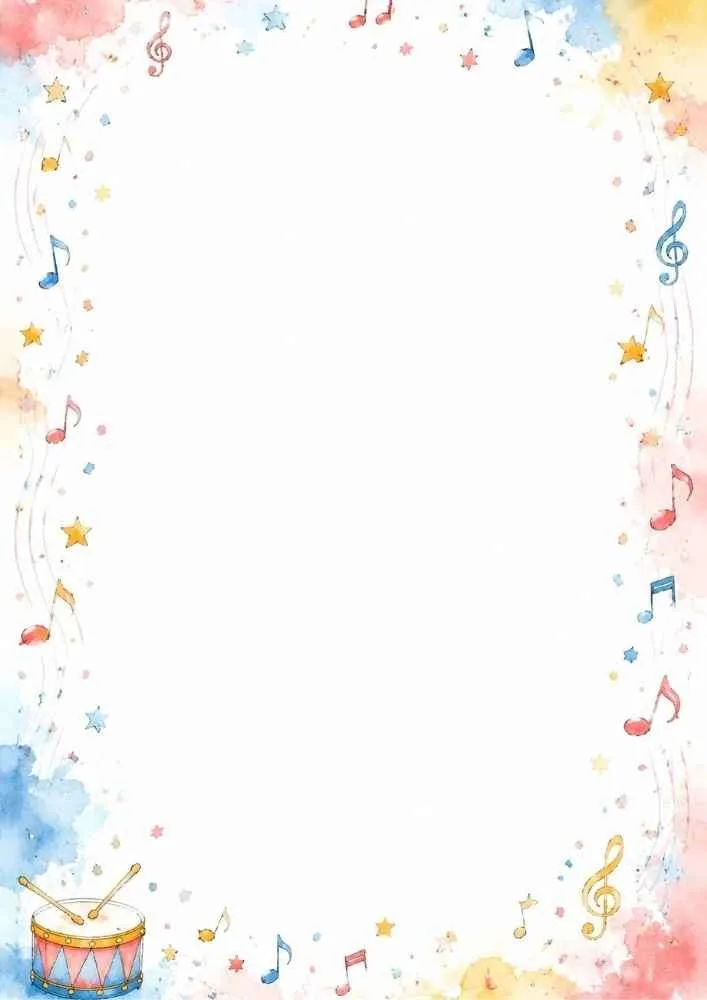 Colorful music border with a drum, stars, and musical notes.