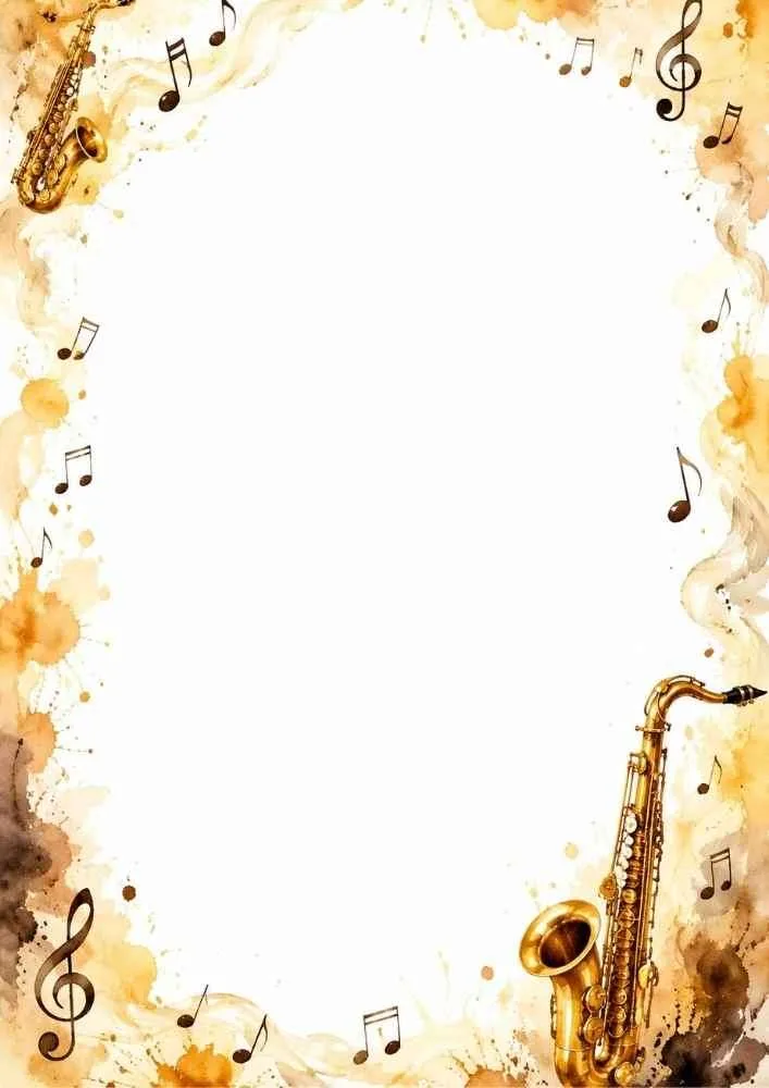 Blank border with two saxophones and scattered musical notes.