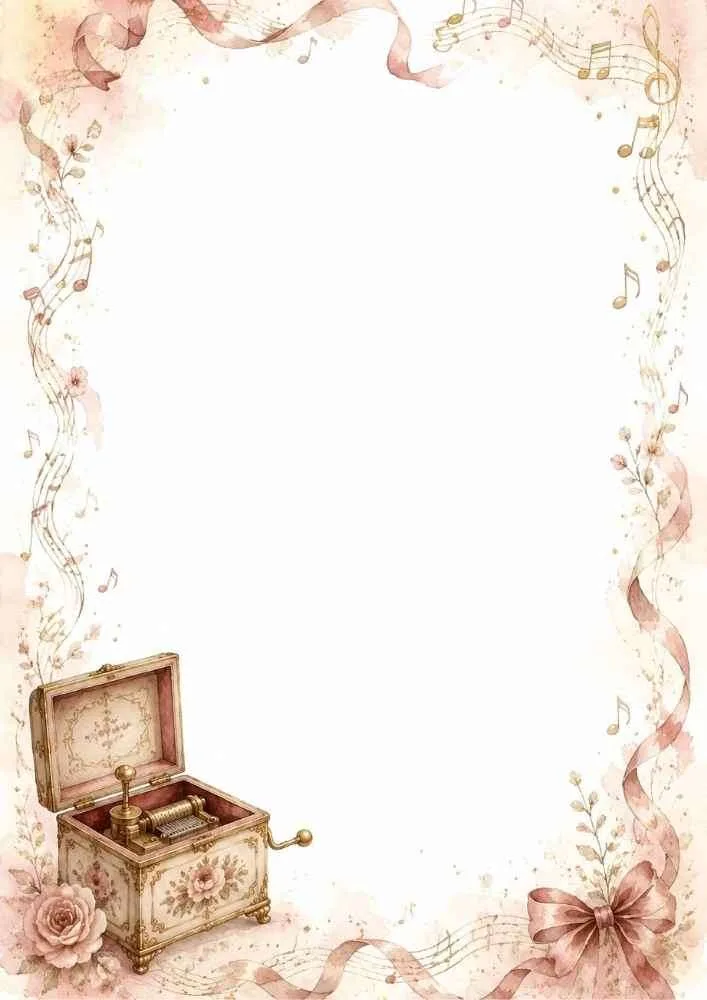 Music border with a vintage music box, ribbons, flowers, and notes.
