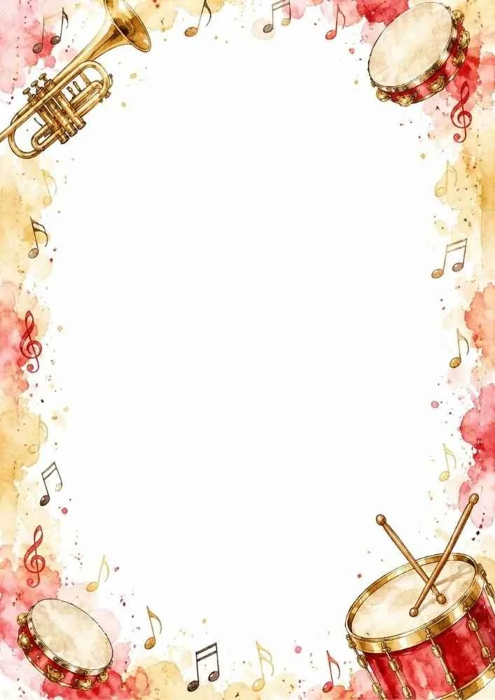 Blank music border with a trumpet, drums, and floating music notes.