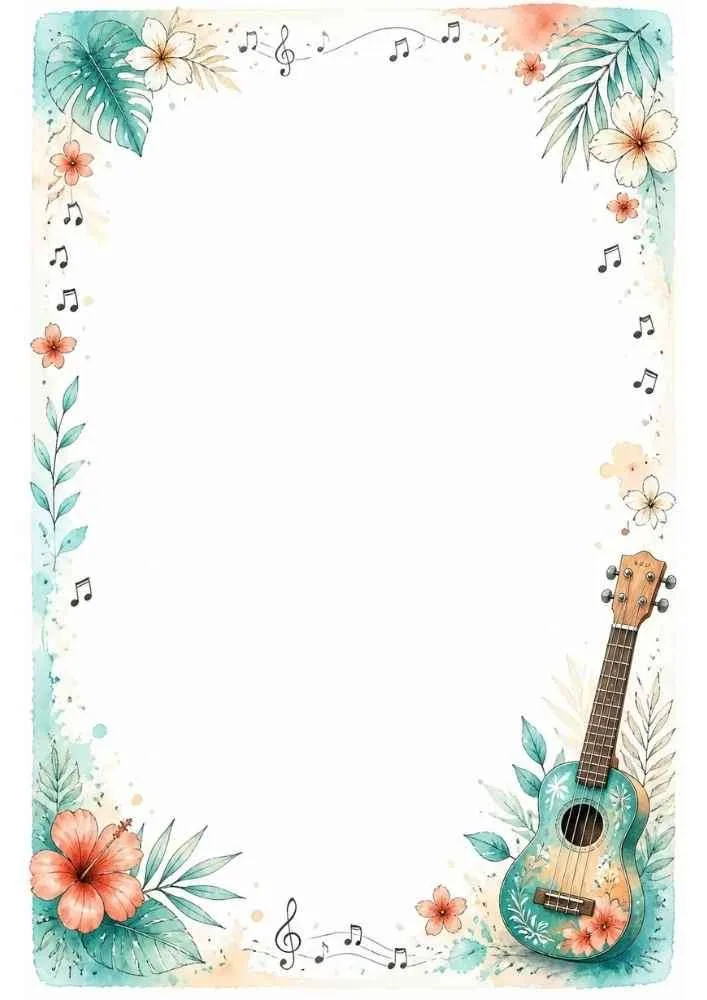 Tropical border with a ukulele, flowers, leaves, and musical notes.